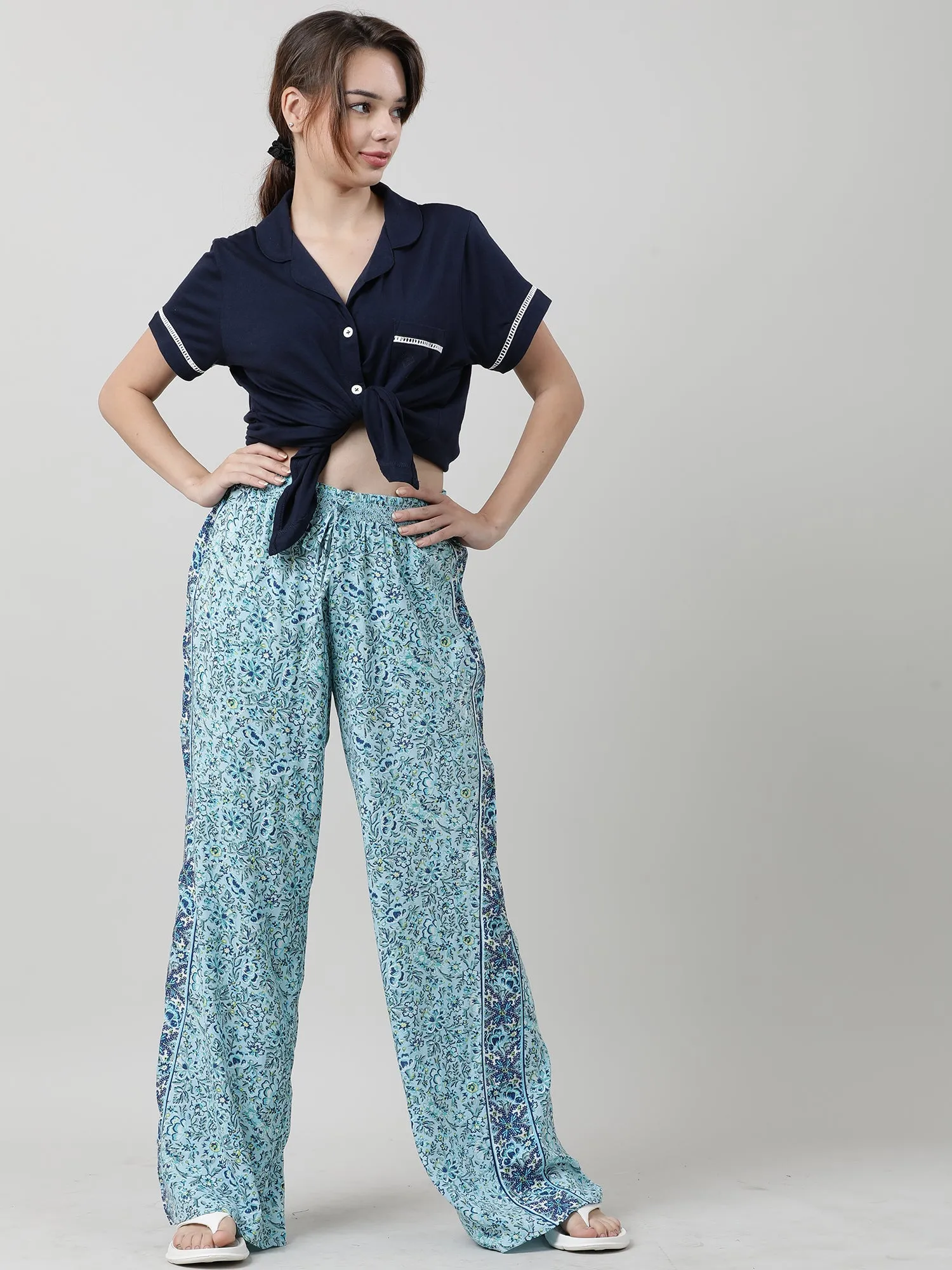 Women Light Blue Floral Print Lounge Pants