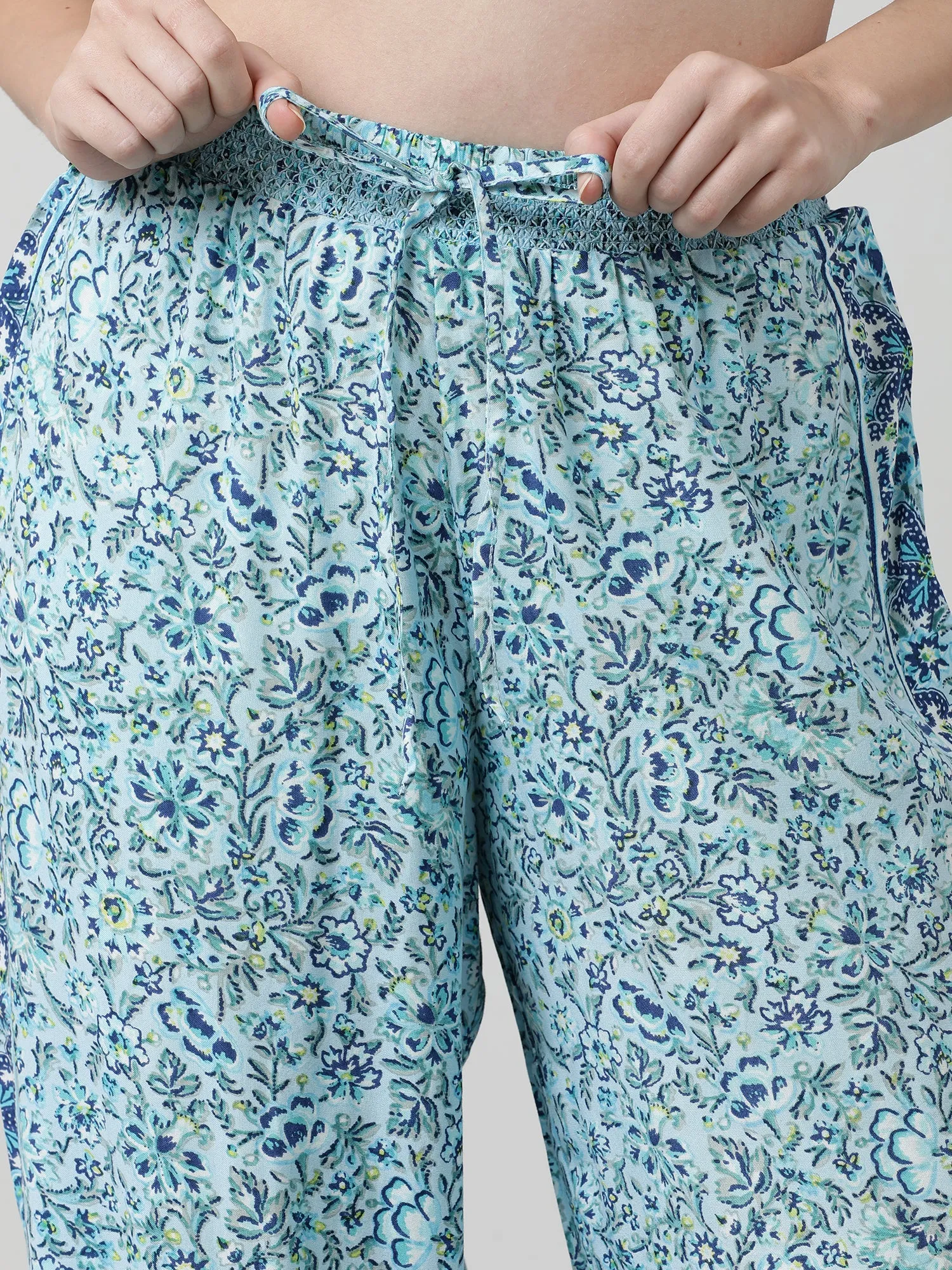 Women Light Blue Floral Print Lounge Pants