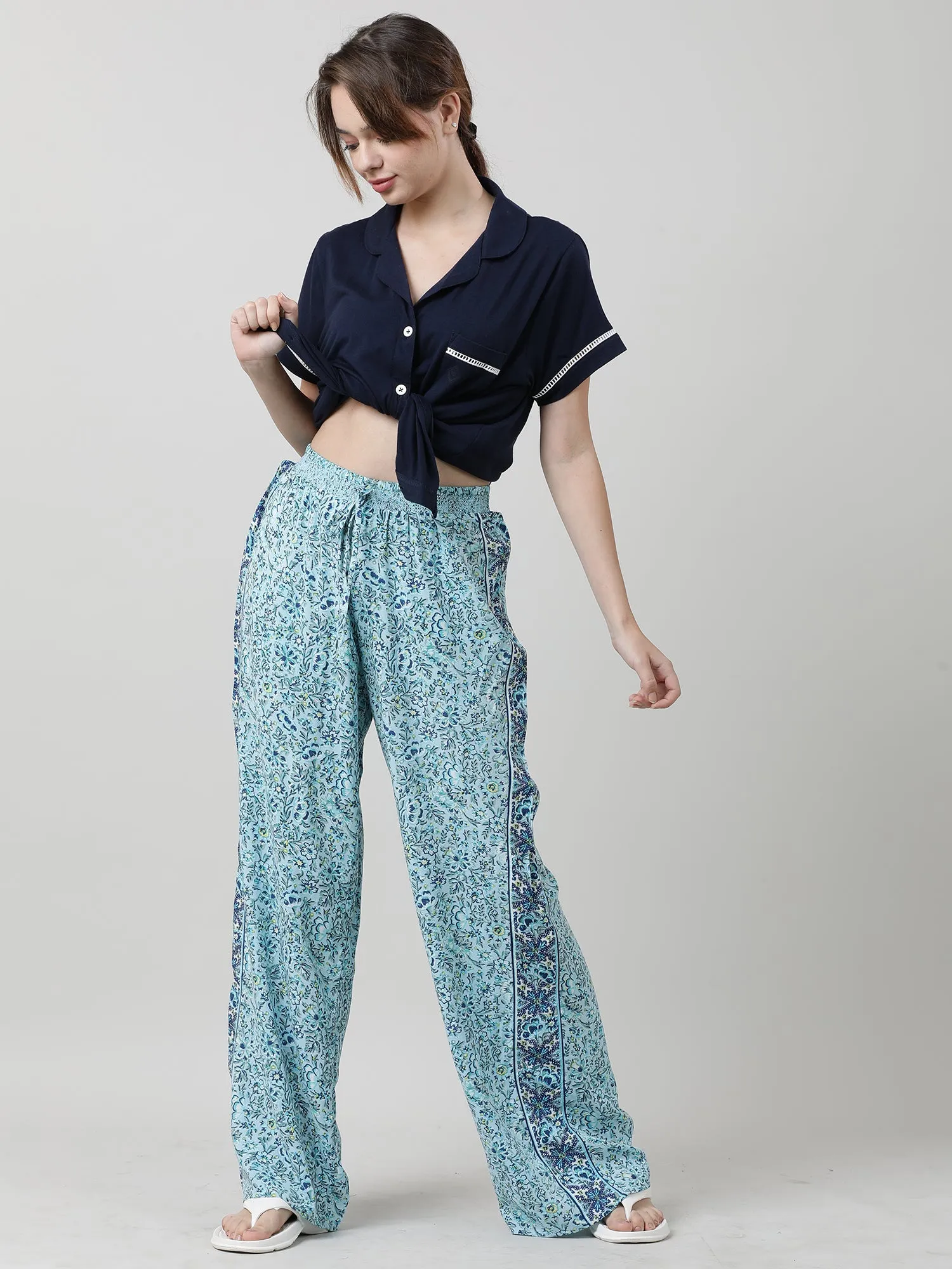 Women Light Blue Floral Print Lounge Pants