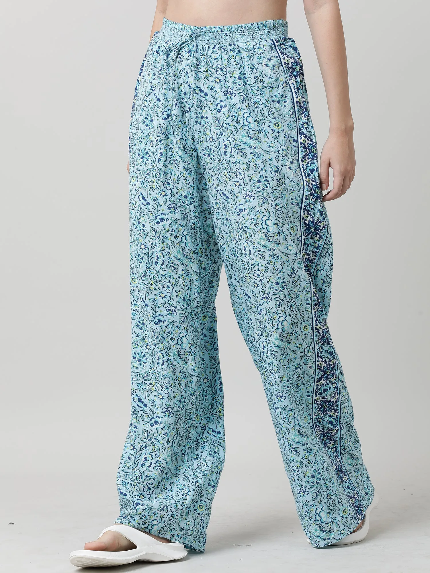 Women Light Blue Floral Print Lounge Pants