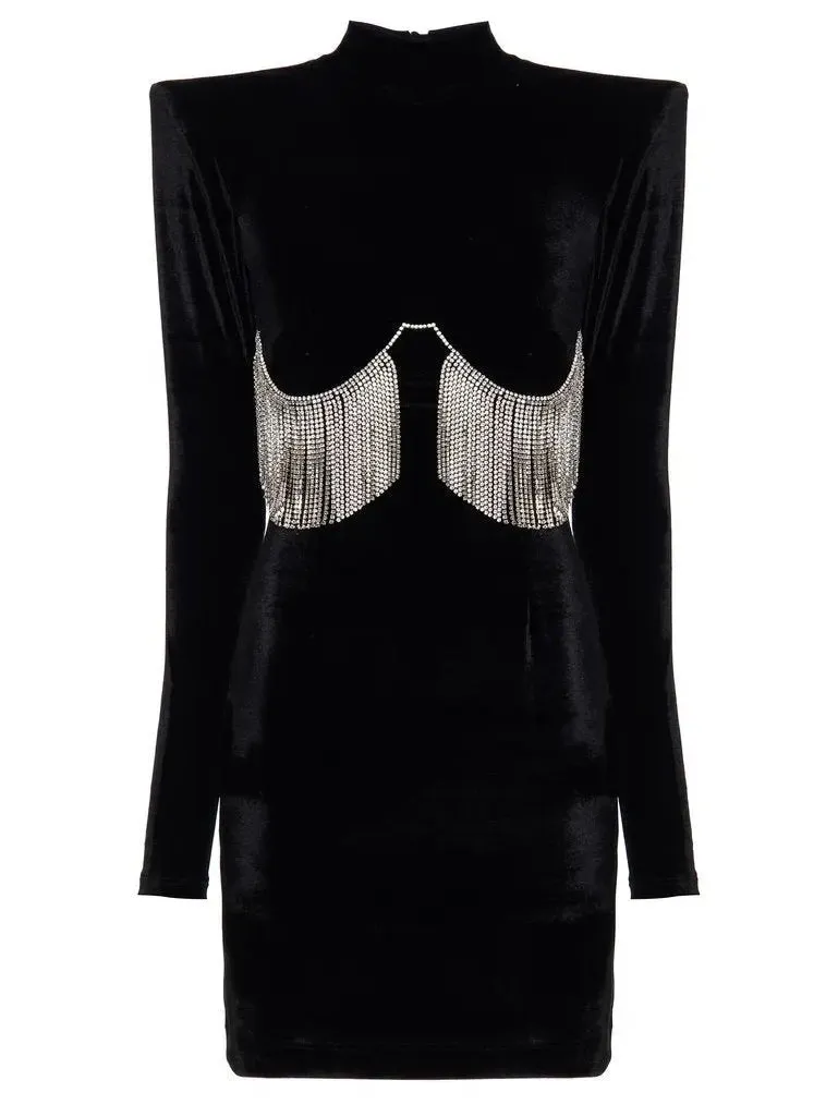 Women’s Black Velvet Crystal-Embellished Mini Dress